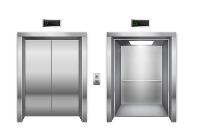 Elevator. Closed and open chrome metal lift doors, modern passenger or