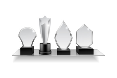 Glass champion prizes on shelf. Realistic different award on shelving,