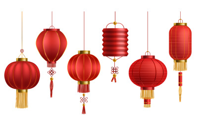 Lanterns chinese. Asian new year japanese red lamps with golden decor,