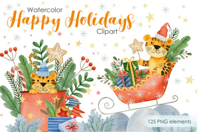 Watercolor happy new year tigers clipart.