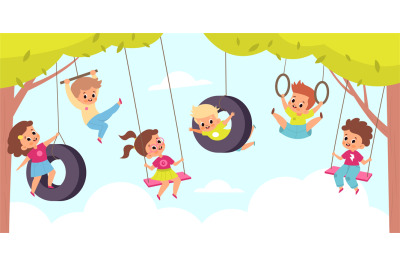 Rope swing. Happy cute children hang on swings, outdoor kids games, li