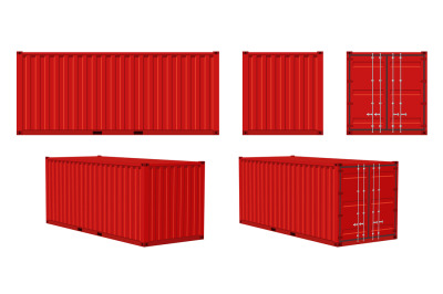 Container cargo. Red container front, side and perspective view, trans