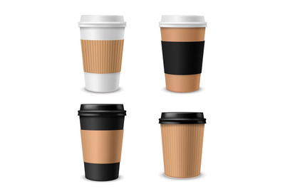 Cups coffee paper. Realistic takeaway cup with plastic cap, blank brow