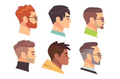 Flat male head profile. Different men heads with different hairstyles