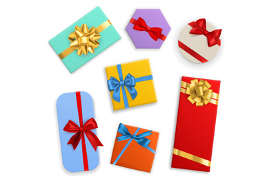 Box with bows. Gifts color boxes with red, blue and gold ribbons, birt