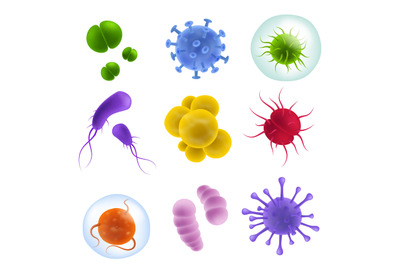 Realistic viruses types. 3d bacteria and germs&2C; microorganism shapes a