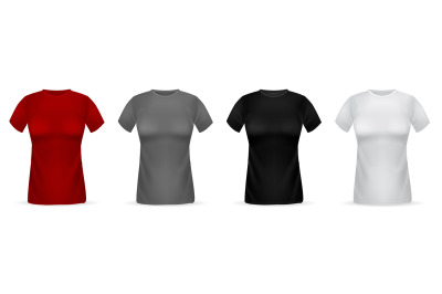 Women t-shirts realistic. Isolated 3d female clothes templates, white