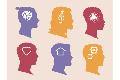 Types of thinking. Men and woman side view faces silhouettes, differen