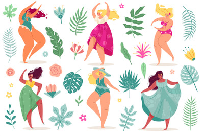 Summer flowers women. Pretty body positive dance young sexy girls in d