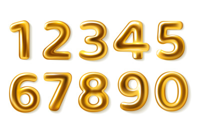 Golden numbers. Realistic metal plump numerals from zero to nine, glos