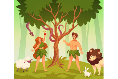 Adam and eve. Bible story scene first man and woman in garden eden&2C; kn