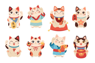 Japanese maneki cats. Asian lucky figurines&2C; cute animals with raised