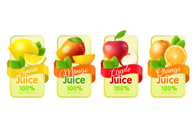 Realistic fruit labels. Packaging stickers with fresh realistic fruits