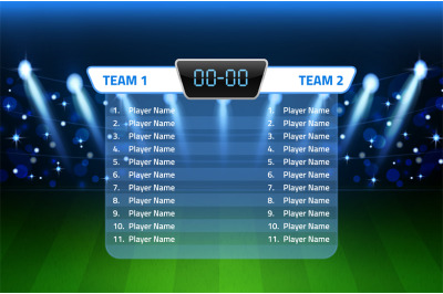 Football stadium. Digital game screen with player lists&2C; soccer field