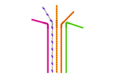 Drink color straw. Realistic beverage bright plastic pipes with patter