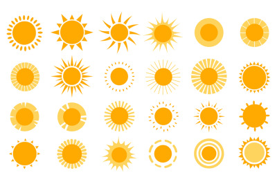 Sun icons. Modern simple seasons signs&2C; summer emblems&2C; sunshine silho