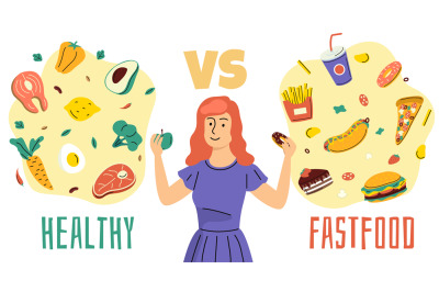 Healthy unhealthy food. Girl chooses between proper nutrition and fast