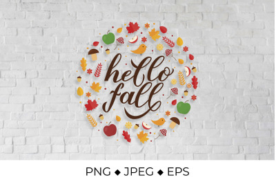 Hello fall calligraphy in circle frame of leaves and acorns