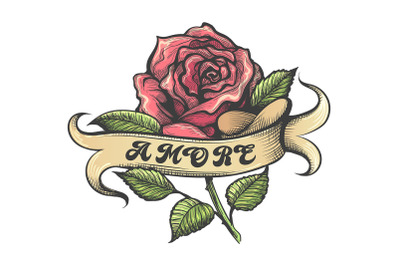 Red Rose and Banner with Lettering Amore Tattoo