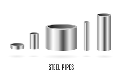 Realistic Detailed 3d Steel or Metal Pipes Set. Vector