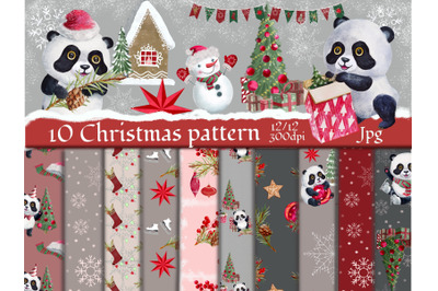 Christmas digital paper bag Funny panda. Seamless pattern.Christmas pa