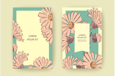 Hand drawn Chrysanthemum flowers greeting card, artistic vector illust