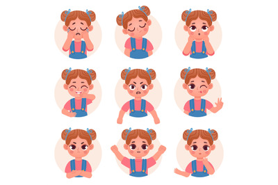 Cute child girl avatar facial emotions and feelings. Little kid face e