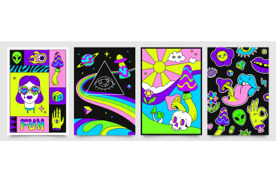 Retro psychedelic hippie posters with space, mushrooms and rainbows. 7