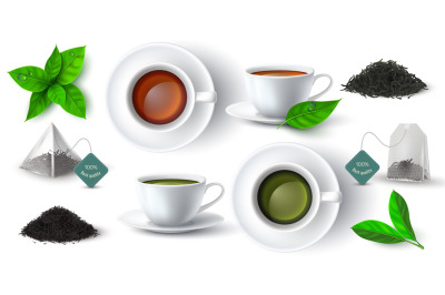 Realistic 3d cup with green and black tea, leaves and pyramid teabag.