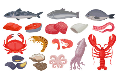 Cartoon raw seafood, fish, fresh salmon, lobster and squid. Ocean shri