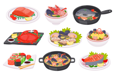 Cartoon seafood dishes with fish, octopus, shrimps and salmon steak. S