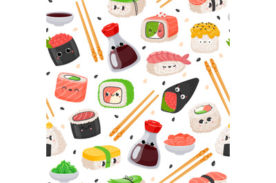 Cartoon kawaii sushi emoji character seamless pattern. Cute japanese f