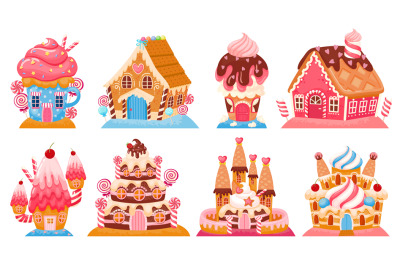 Cartoon fantasy candy houses and fairy tale sweet castles. Dreamland c