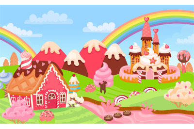 Cartoon fantasy candy land landscape with sweet castle. Fairytale king