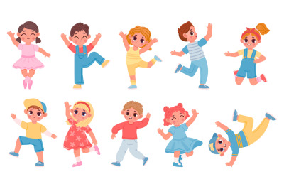 Cartoon happy dancing and jumping kids boys and girls. Children dance