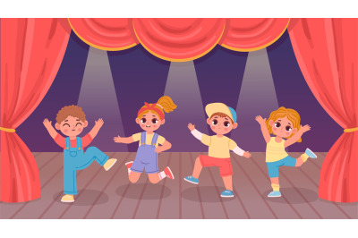 Cartoon kids performing dance on theatre stage with curtain. Kindergar