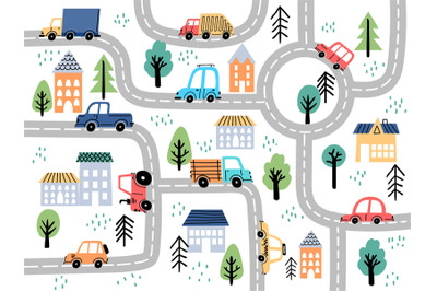 Kids city map with roads and cars for children nursery decor. Village