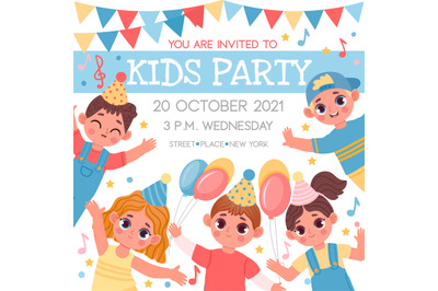 Invitation poster for birthday or kids party with cartoon characters.