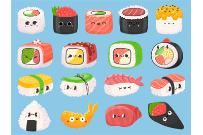 Cartoon japanese sushi, rolls and shrimp tempura with kawaii faces. Cu