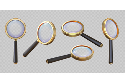 Realistic 3d magnifying glass top and angle view. Magnifier with trans