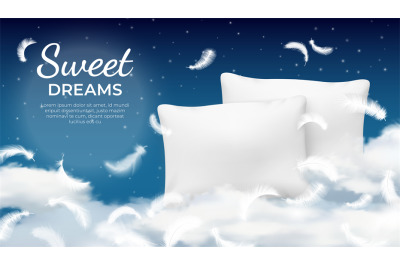 Realistic dream poster with soft pillow, cloud and feathers. Relax, re