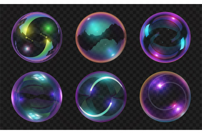 Realistic transparent soap bubbles with shiny abstract reflections. Ma
