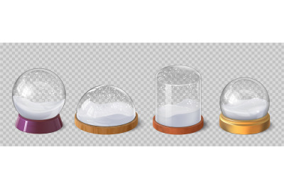 Realistic christmas snow globes and glass domes with snowflakes. Winte