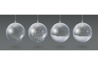 Realistic hanging glass christmas balls empty and with snow. 3d xmas t