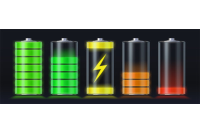 Realistic battery charging empty to full energy level. Glowing smartph