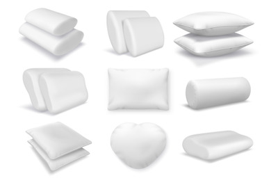 Realistic white cotton orthopedic pillows&2C; square and round cushions.