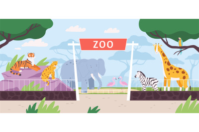 Cartoon zoo park entrance gate with savannah and jungle animals. Flat