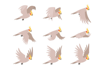 Cartoon cockatoo parrot fly animation frames sequence. Animated sprite