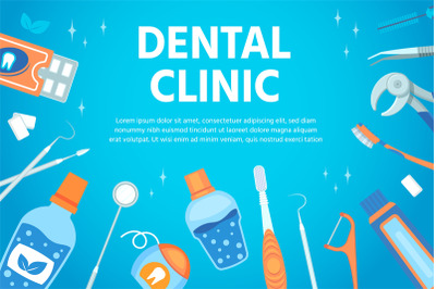 Dental clinic poster with stomatological and teeth hygiene tools. Flat