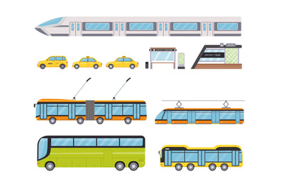 Flat public city land transport and yellow taxi car. Urban vehicles an